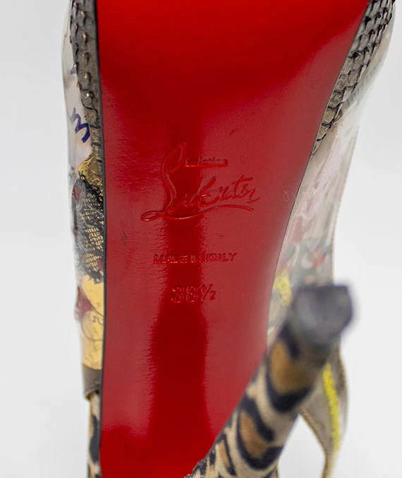 Christian Louboutin Multicolor Size 38.5 Peep Toe Platform Slingback Pumps in Python Leather, PVC Eco Trash