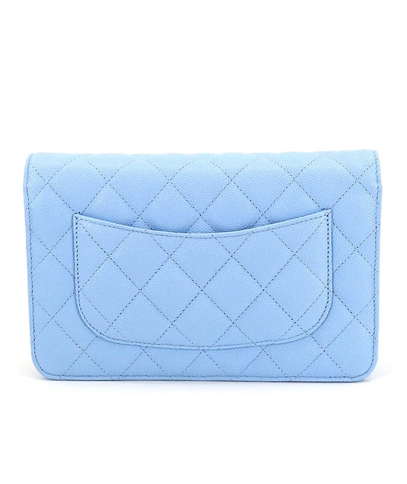 CHANEL Matelasse Classic Chain Light Blue Wallet with Caviar Leather and Gold Hardware