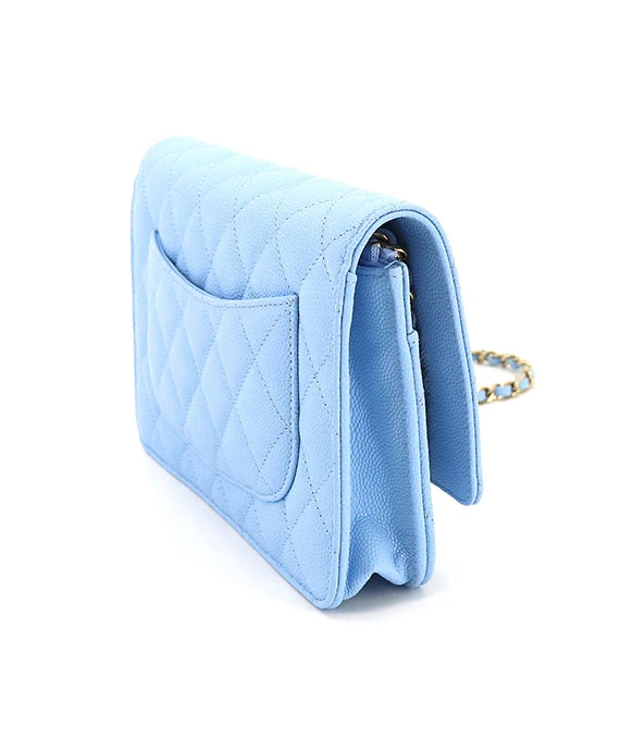 CHANEL Matelasse Classic Chain Light Blue Wallet with Caviar Leather and Gold Hardware