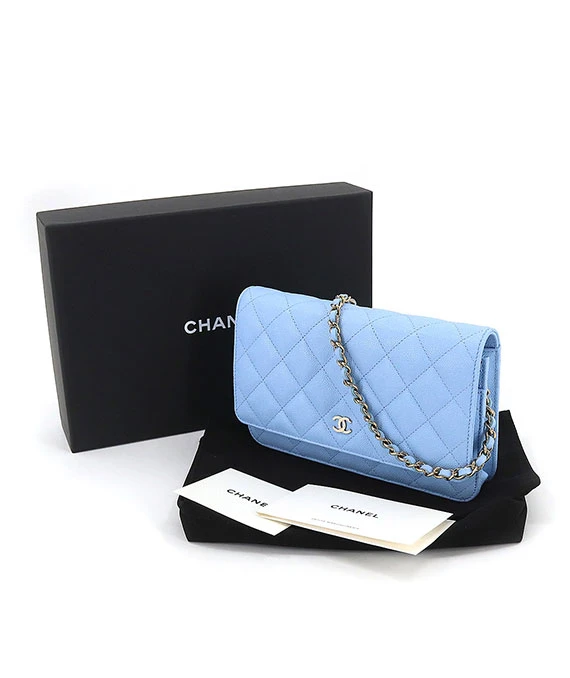 CHANEL Matelasse Classic Chain Light Blue Wallet with Caviar Leather and Gold Hardware