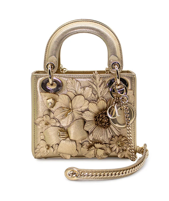Christian Dior Gold Ultra Matte Lady Dior Flower Embroidered Lambskin Mini Bag