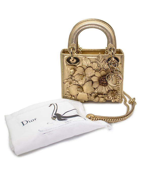 Christian Dior Gold Ultra Matte Lady Dior Flower Embroidered Lambskin Mini Bag