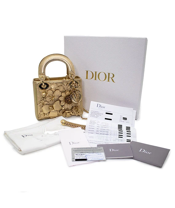 Christian Dior Gold Ultra Matte Lady Dior Flower Embroidered Lambskin Mini Bag