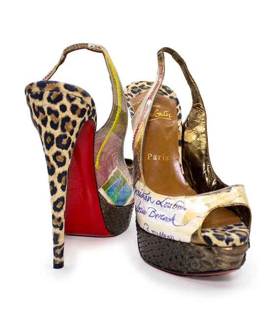 Christian Louboutin Multicolor Size 38.5 Peep Toe Platform Slingback Pumps in Python Leather, PVC Eco Trash